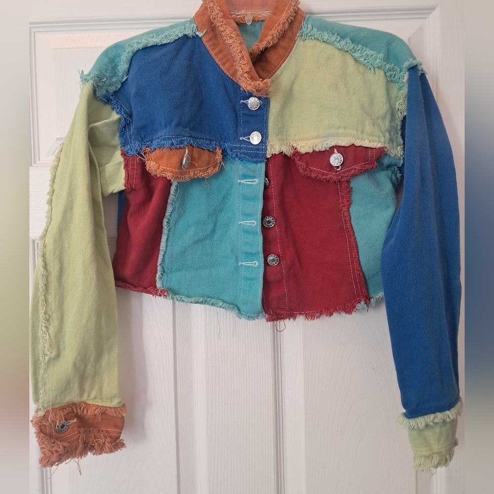 Rainbow Colored Patchwork Style Cropped Button Up… - image 1